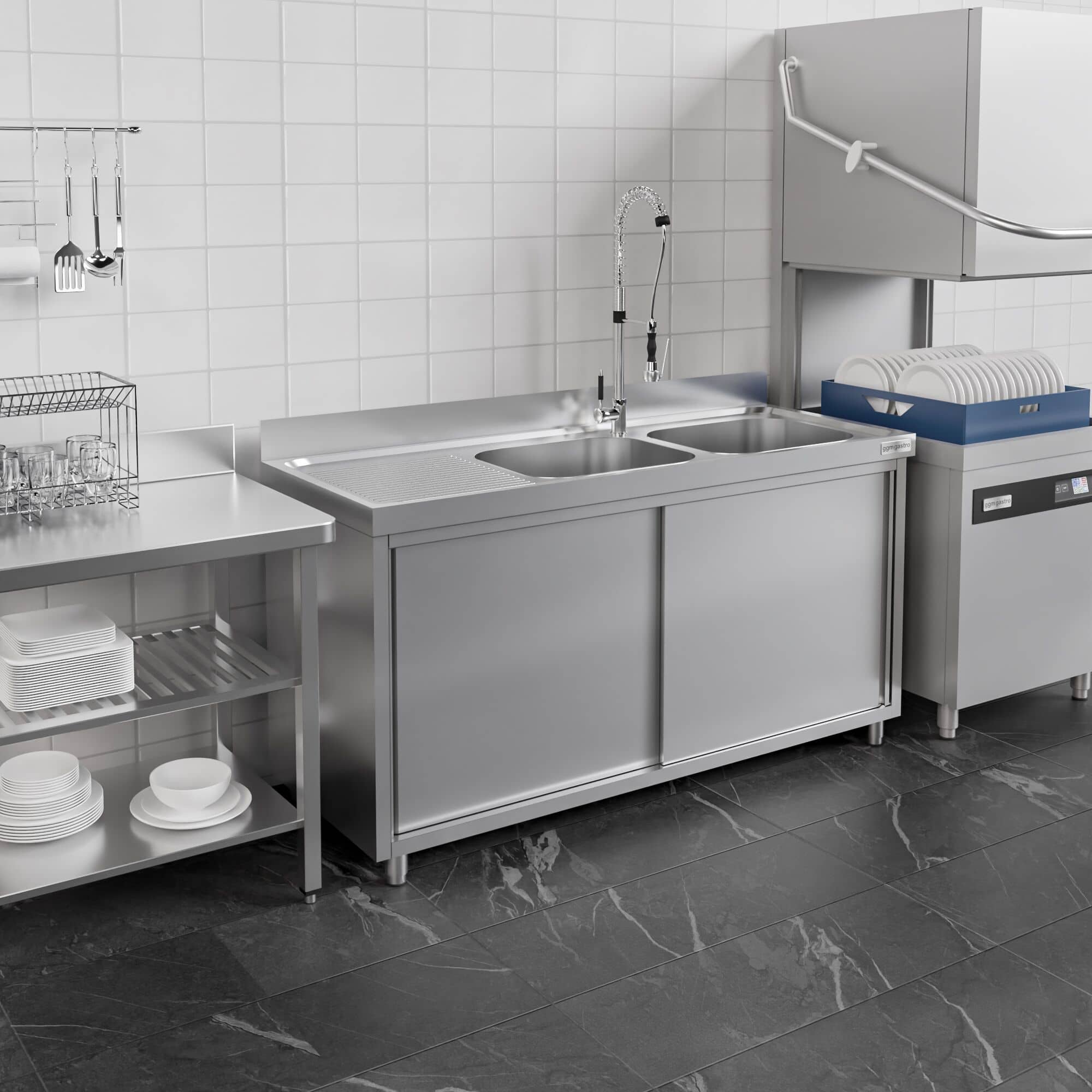 Chiuvetă tip dulap PREMIUM - din oțel inoxidabil - 2000x600 mm - cu 2 cuve pe dreapta — 7