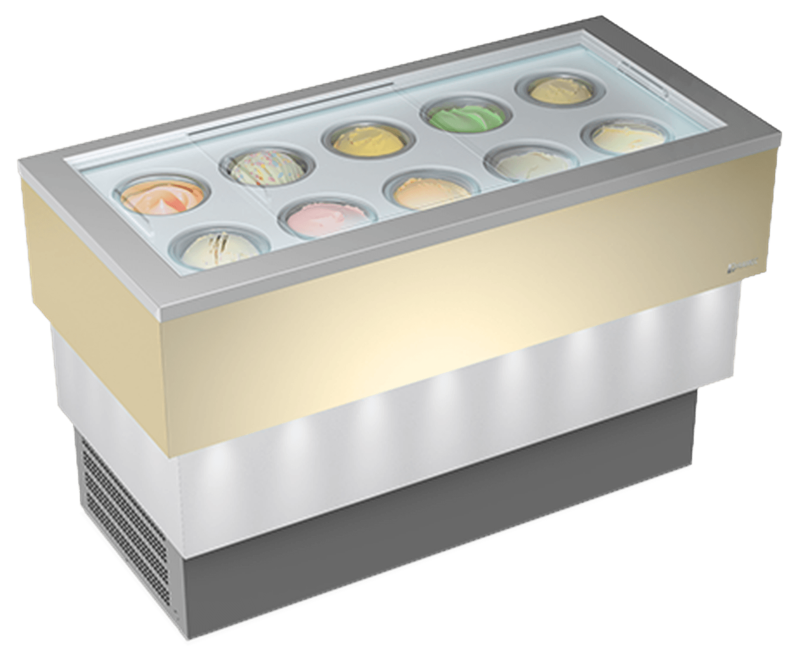 Vitrină frigorifică profesională pentru înghețată Mondial Framec seria CARRARA CREAM VISTA (-20°C -5°C), Italia